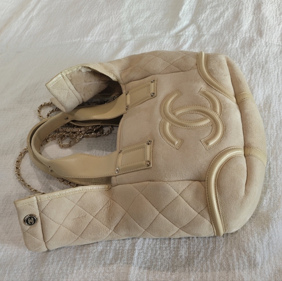 Chanel Sparkle Tote Suede Beige Leather Shearling Chain Cream Purse Shoulder Bag - Picture 6 of 16